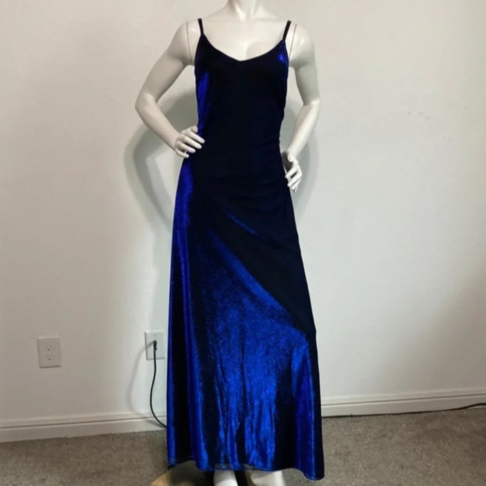 Betsy & Adam Maxi Dress V-Neck Iridescent Metallic Blue Size 12